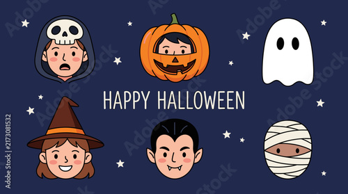 Children in halloween costumes characters set including vampire witch mummy and ghost faces