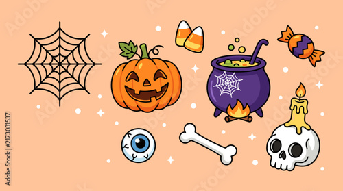 Spooky halloween illustration with spider web pumpkin cauldron and skull on light orange