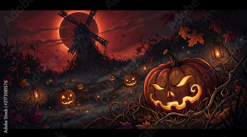 Spooky Halloween pumpkin patch with glowing jack-o-lanterns under a dark red moon.