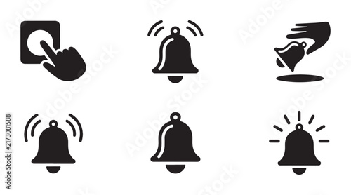 Foto Service bell icons set with ringing hand push button alerts and notify alarm signals minimal flat glyphs