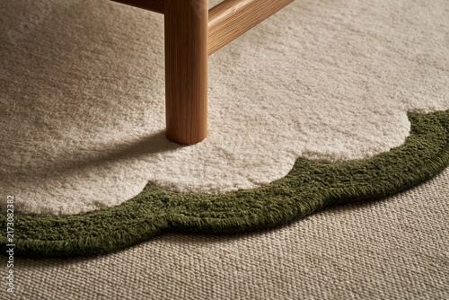 closeup of scalloped cream rug with olive green border under wooden furniture leg