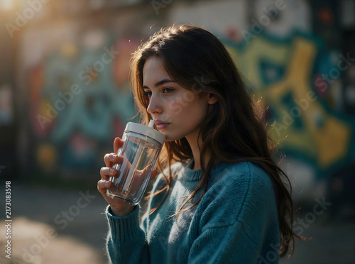 Young woman enjoying an iced drink in an urban setting during golden hour