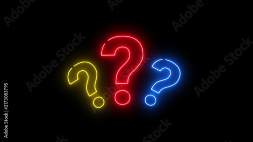 Neon question mark animated colorful glowing symbols flickering and popping for quiz help in 4K black background.