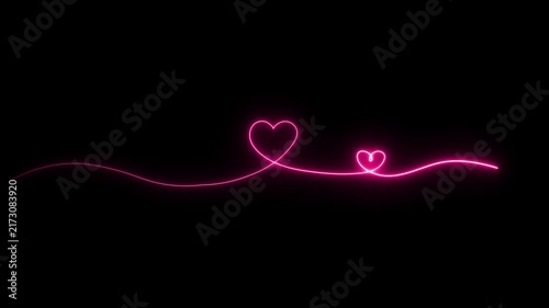 Valentine neon heart animated glowing pink continuous line art forming romantic pair shapes in 4K black background.