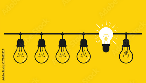 Obraz na płótnie One glowing light bulb among dark ones on a yellow background