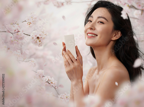 Smiling young woman taking a photo with smartphone surrounded by beautiful cherry blossoms in spring