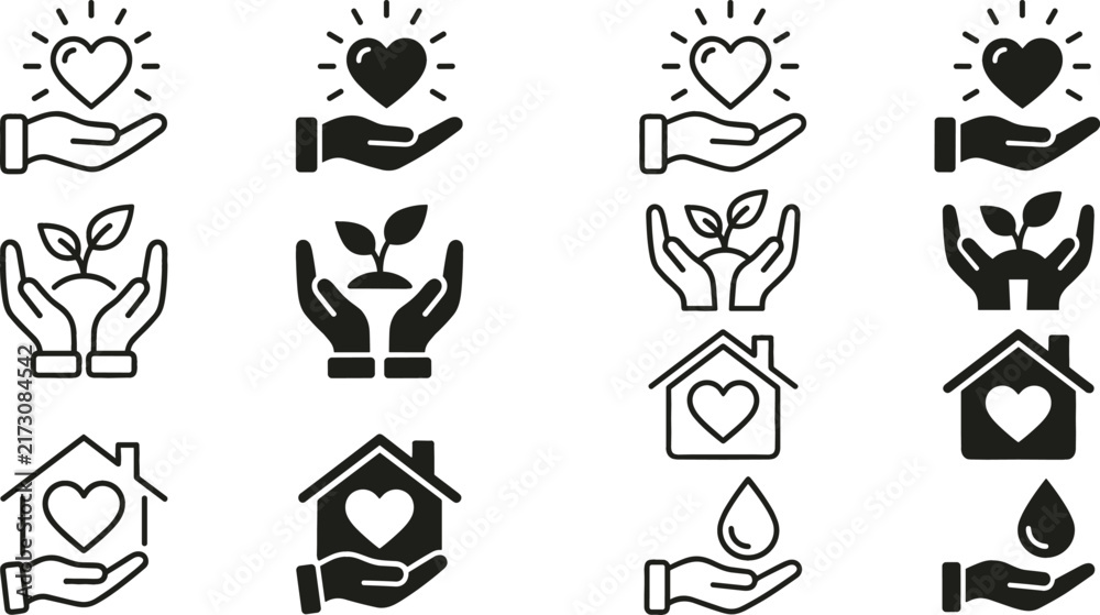 Fototapeta premium Charity and Care Icon Set Featuring Hands Holding Heart Plant Sprout House and Water Drop Symbols in Line Art and Solid Glyph Styles
