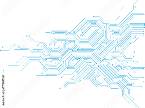 Abstract circuit board pattern with blue lines on transparent background for digital tech graphics.