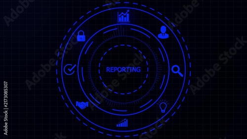 Futuristic circular interface with the word REPORTING at its center surrounded by glowing blue for business data security and progress on a dark background.4K animation motion graphic Video.