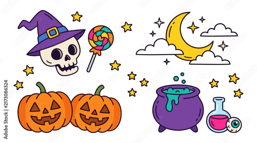 Fototapeta premium Cute halloween icons collection with skull, candy, pumpkins, potion, and moon