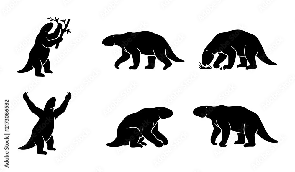 Naklejka premium 70 Prehistoric Sloth Vector Icons, Ancient Megafauna Silhouettes, Extinct Mammal Graphics, Set of 6 Black and White Illustrations 100