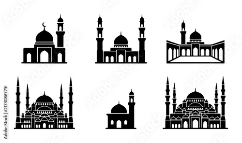 Bild auf Leinwand 70 Islamic Mosque Silhouettes, Set of 6 Diverse Architectural Styles, Black Vect