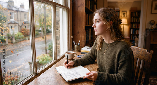 Thoughtful Woman Writing in Journal Looking Out Window on Autumn Day