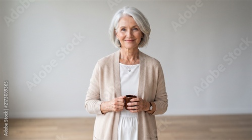 Senior woman holding coffee mug smiling in studio