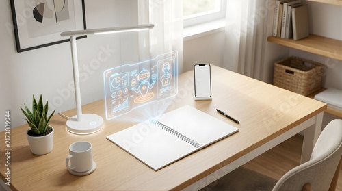 Plakat Artificial intelligence hologram interface hovering over a blank notebook
