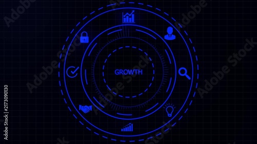 Futuristic digital interface displaying the word GROWTH with surrounding for business analytics security and innovation on a dark background.4K animation motion graphic Video.
