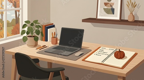 Cozy autumn home office desk with laptop and notebook in a bright workspace interior