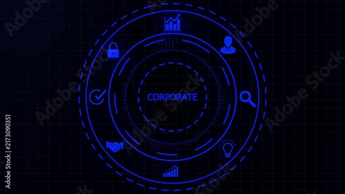 Futuristic digital interface displaying the word CORPORATE with surrounding for business analytics security and innovation on a dark background.4K animation motion graphic Video.