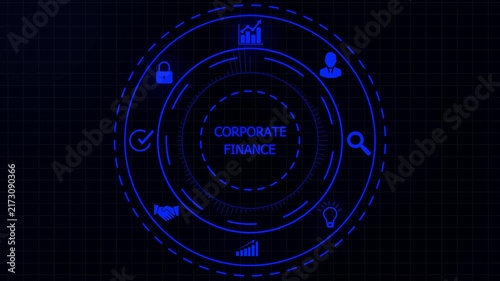 Futuristic digital interface displaying corporate finance concepts with glowing neon blue and text on a dark grid background.4K animation motion graphic Video.