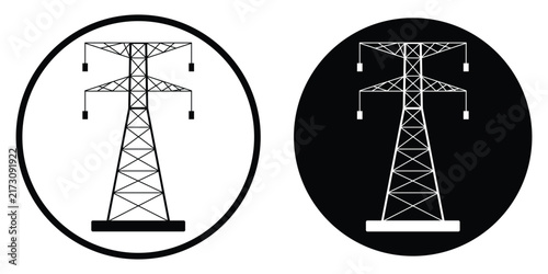 Transmission tower, high voltage power icon in flat style symbol web graphic design. Electricity pylon power line transmission tower icon on white background.