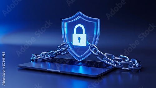 Cybersecurity protection with locked shield and chain securing laptop computer