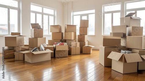 Office relocation with stacked cardboard boxes in a modern workspace