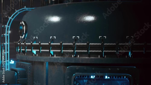 Large machinery fills the space in a factory. Pipes connect the equipment, and blue lights illuminate the scene. Workers may be present, but none are visible in this view.
