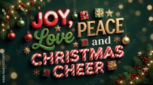 Festive christmas greeting card design featuring elegant 3d typography with candy cane textures and holiday ornaments on a dark green background with soft bokeh lights