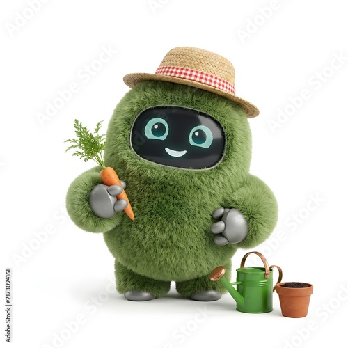 Cute Fluffy Robot Farmer with Carrot