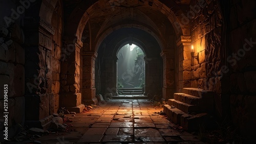 Dark medieval stone corridor with flickering torchlight.