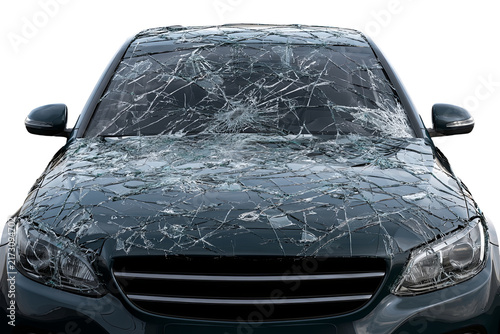 Damaged car with a shattered windshield and realistic broken glass texture, isolated PNG on transparent background
