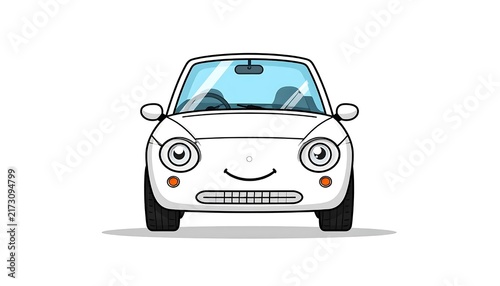 Cute cartoon car with happy face on road.
