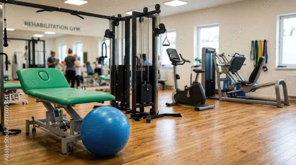 Obraz premium Modern gym interior with fitness equipment and blurred people