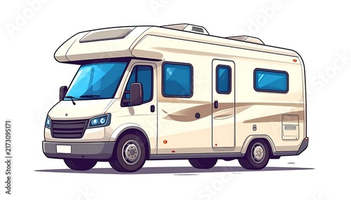 White vintage camper van with purple accents on road.