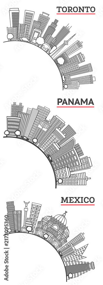 Obraz premium Outline Panama, Mexico and Toronto Canada City Skyline set with Modern Buildings and copy space Isolated on White.