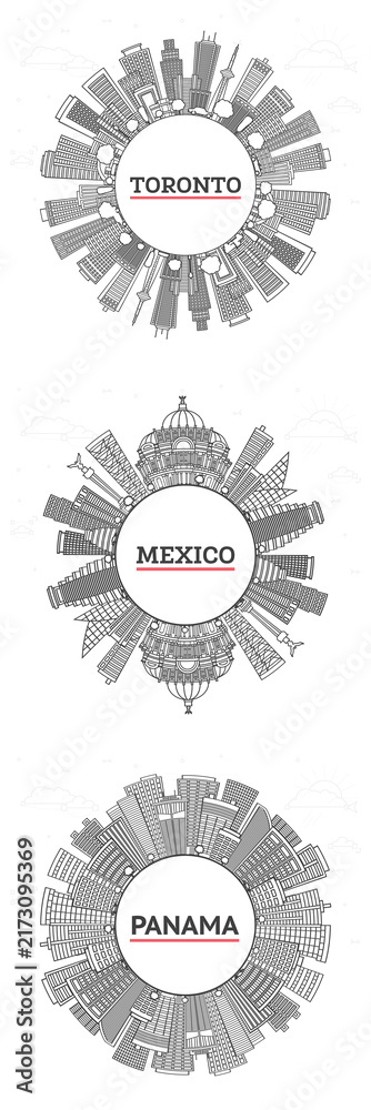 Obraz premium Outline Panama, Mexico and Toronto Canada City Skyline set with Modern Buildings and copy space Isolated on White.
