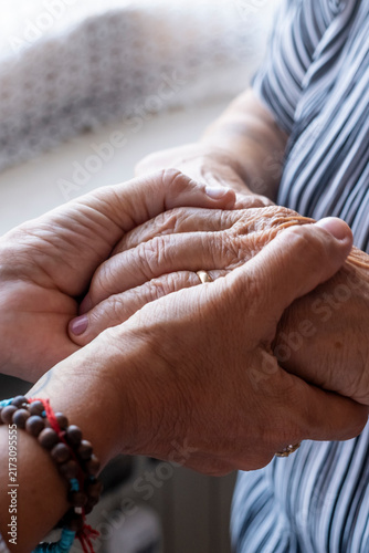 Fotografie Younger hand gently holding an elderly wrinkled hand, conveying intergenerationa