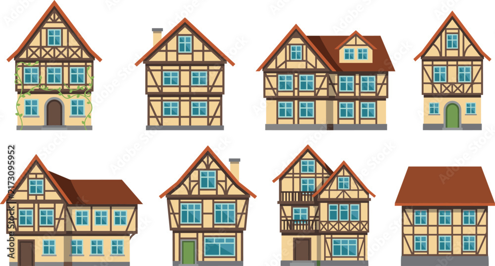Fototapeta premium European half timbered house vector set with traditional medieval building icons isolated on white background for architecture design