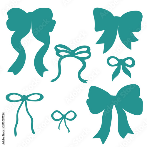 A charming collection of Christmas bows in a modern flat vector style. This festive set features a variety of elegant ribbon bows in soft pastel and classic holiday colors, including pink, green, teal