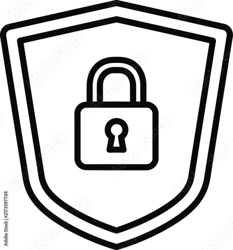 Monoline Outline Icon of a Trapezoidal Security Shield With Padlock Symbol for Data Protection and Cyber Safety Privacy