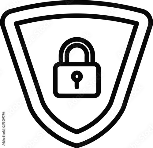 Monoline Outline Icon of a Tapered Shield With a Central Padlock Representing Digital Security and Protection Systems