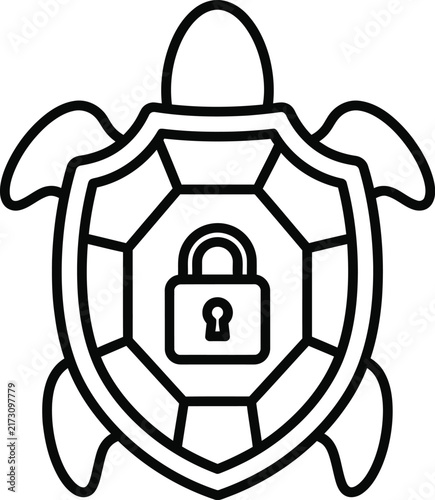 Monoline Outline Icon of a Turtle Shell Shield With Center Padlock for Cybersecurity Protection and Animal Defense