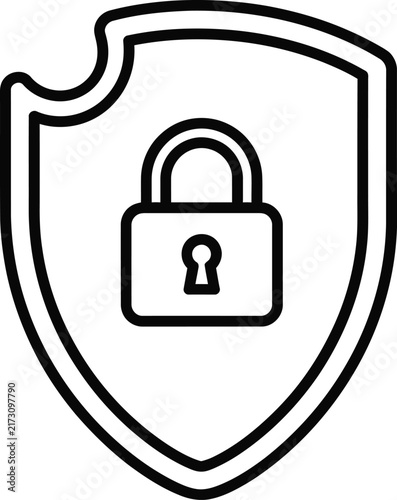 Monoline Outline of a Notched Renaissance a Bouche Style Shield With a Central Security Padlock Icon