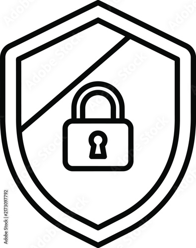 Monoline Outline of Protective Canted Shield With Padlock Icon for Cyber Security and Digital Privacy Measures