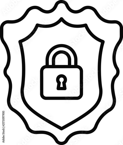 Scalloped Edge Shield Icon With Central Padlock Featuring Minimal Monoline Outline Style for Security and Privacy Protection