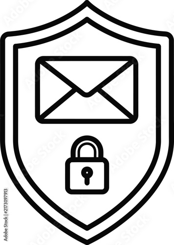 Secure Mail Shield Icon With Padlock and Envelope Silhouette in Monoline Outline Style for Digital Privacy