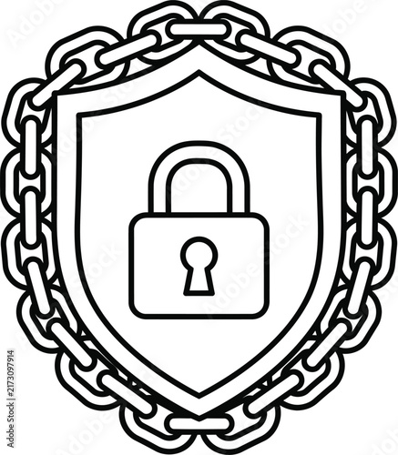 Secure Chain Link Shield With Padlock Icon Monoline Outline for Cyber Security Data Protection and Network Privacy