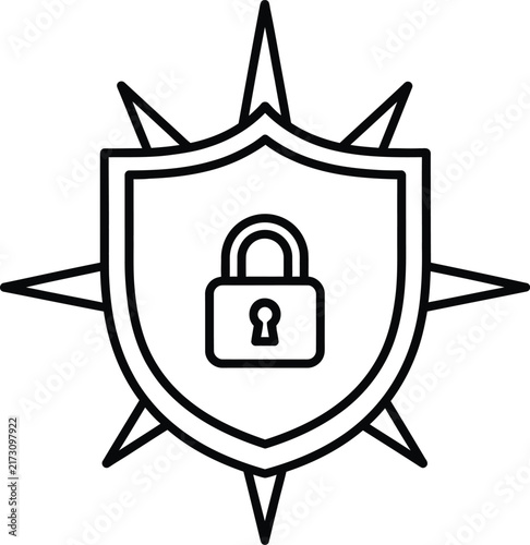 Security Shield Icon With Compass Rose and Central Padlock in Minimalist Monoline Stroke Style