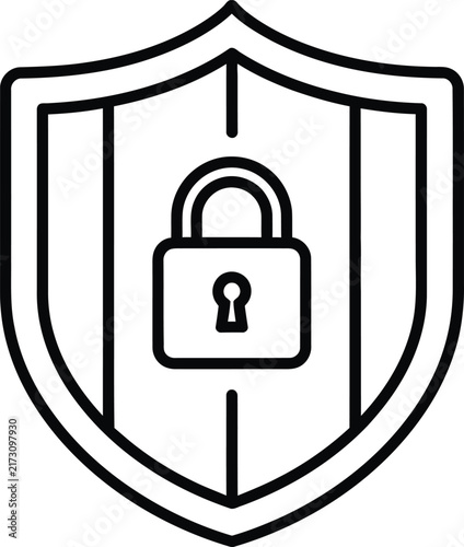 Security Shield Icon With Padlock Symbol Featuring Concave Arched Base and Straight Parallel Vertical Sides in Monoline Style