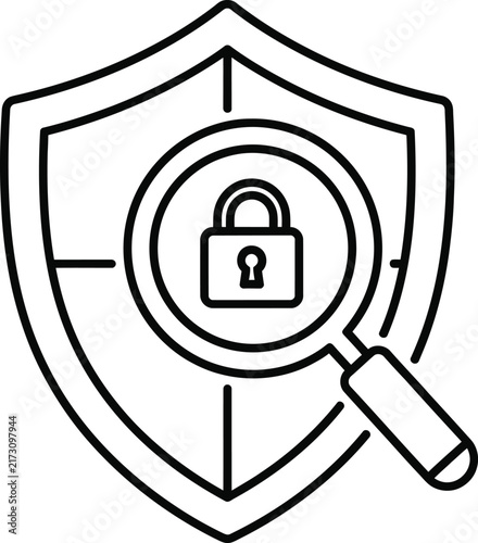 Security Shield With Magnifying Glass and Padlock Icon for Cyber Protection and Privacy Data Research